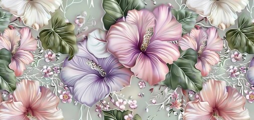 Sticker - Hibiscus floral background, seamless pattern, luxury wallpaper. Tropical green leaves, delicate romantic flowers, pink, beige, purple, white gypsophila. Watercolor 3d illustration, Generative AI