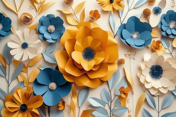 Wall Mural - 3d flowers craft wallpaper. yellow, rose, blue and orange flowers in light background, Generative AI