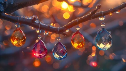 Colorful gemstones hanging from a tree branch