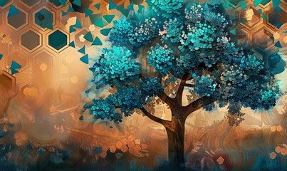Surreal tree mural in 3D with leaves in turquoise and blue, brown dusk sky, green hexagon backdrop, Generative AI
