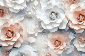 Canvas Print - 3d mural wallpaper abstract background with rose and white and flowers. will visually expand the space in a small room, Generative AI