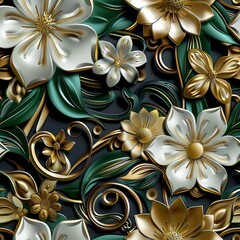 Sticker - Luxury floral seamless with flowers elegant leather texture illustration background in golden, green, white, and black colors. 3d abstraction wallpaper for interior mural wall art decor, Generative AI