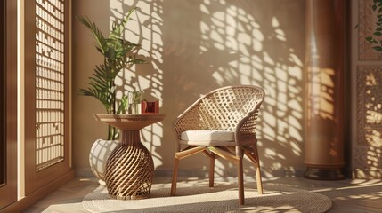 Wall Mural - A sunlit room featuring a single wicker chair beside a small decorative table, enhanced with surrounding potted greenery, creating a warm and inviting space for relaxation.