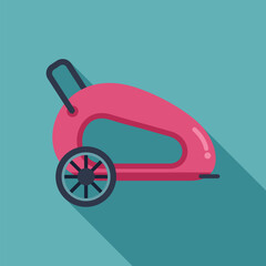 Wall Mural - Pink baby carriage staying on turquoise background with long shadow, modern flat design icon