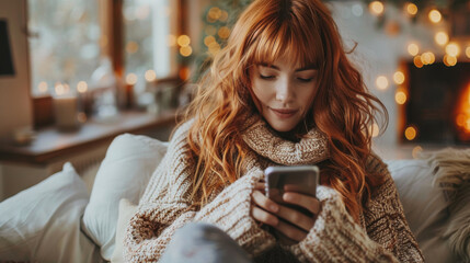 Young woman with red hair enjoying cozy indoor time, using a smartphone, in a warmly lit, festive home setting.