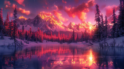 Sticker - Snowy Mountain Range Reflecting in a Lake at Sunset