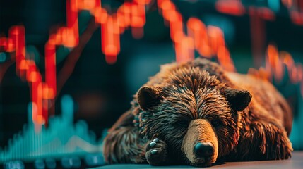 Wall Mural - A bear lies down, indicating a bearish market trend, with red descending stock charts in the background, symbolizing financial market decline.