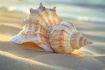 Wall Mural - seashell on a sandy beach at sunset