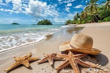 Wall Mural - Scenic photograph of a starfish and hat on a pristine beach capturing the serene beauty of a tropical getaway