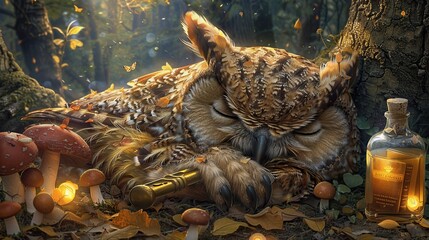 Sticker - Sleeping Owl in Enchanting Forest