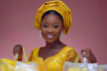 A young Nigerian woman wearing a traditional gele head wrap and dress smiles at the camera. She is holding shopping bags in her hands. The woman is standing in front of a pink background.