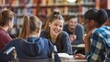 © Daniel - Young student girl with disability cooperating on class project in library with college friends, using wheelchair, sitting at table, talking, chatting with classmates, laughing