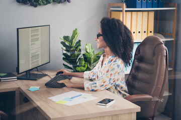 Canvas Print - Photo of pretty adorable woman sitting chair working in office room indoors workplace workshop