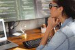 © deagreez - Photo of lovely successful confident girl hacker wear stylish denim shirt work modern technology workspace indoors