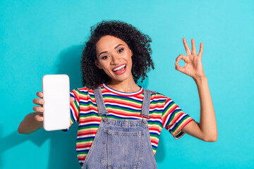 Wall Mural - Photo of positive girl hold cell smart device make okay symbol isolated cyan color background