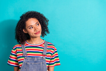 Sticker - Photo portrait of lovely young lady look interested empty space dressed stylish denim garment isolated on cyan color background