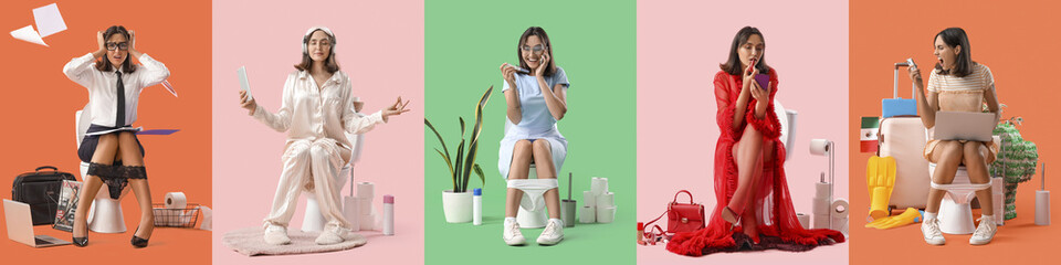 Poster - Set of young woman sitting on toilet bowls against color background