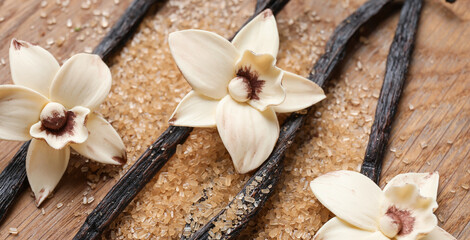 Wall Mural - Aromatic vanilla sugar, flowers and sticks on wooden background