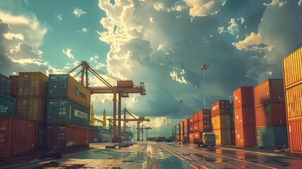 Freight Ship Loaded with Cargo Containers at Bustling Port with Cranes and Gantries Silhouetted Against Cloudy Sky