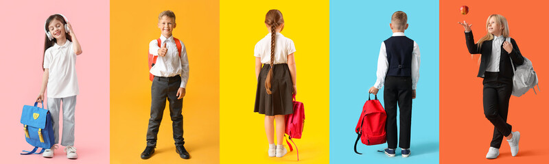 Poster - Set of cute schoolchildren on color background