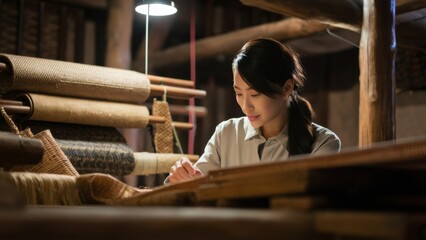 Poster - A woman working on a piece of cloth in an asian style room, AI