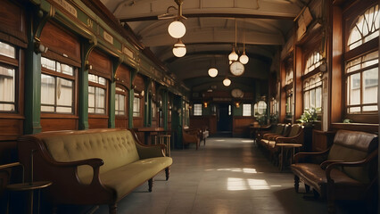 Vintage train car interior with wooden details