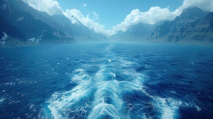 Canvas Print - Serene Blue Ocean Waters with Majestic Mountain Ranges in the Distance Under a Clear Sky Perfect for Nature and Landscape Enthusiasts