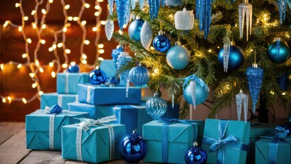 Canvas Print - A christmas tree with presents underneath and blue boxes, AI