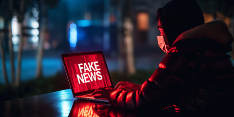 Leinwandbilder - Hacker spreading fake news on laptop at night