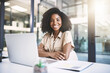© JordaanExams/peopleimages.com - Portrait, smile and black woman in office with laptop, business plan and confidence for growth. About us, support and happy consultant with opportunity, folder and online project at digital agency