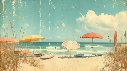 Vintage beach scene with pastel-colored umbrellas