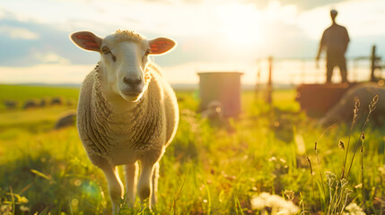 A picturesque scene of a flock of sheep grazing peacefully in a lush green countryside field at sunset  A silhouetted figure of a man can be seen in the background