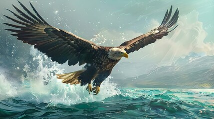 Sea eagle swooping towards water surface