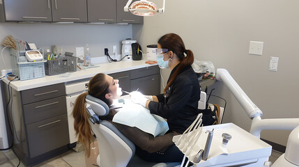 Sticker - Dentist preparing a patient for a dental hygiene appointment