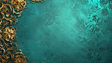 Wall Mural - A rich, deep turquoise background with an intricate golden filigree pattern only on the boundaries, suggesting elegance and luxury.