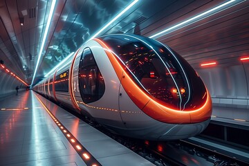 Modern Train Arriving at Underground Station With Neon Lights