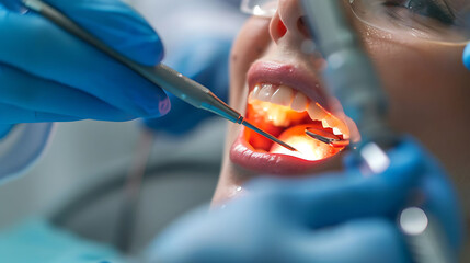 Wall Mural - Dentist using a dental drill to remove decay from a patient's tooth