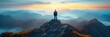 © GreenOptix - Business meeting taking place on a mountain peak. A lone figure stands on a precipice, looking out over a vast, panoramic view of a mountain range