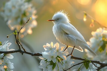 Beautiful white bird perched on a blossoming tree branch, bathed in soft golden sunlight, symbolizing peace and nature's beauty. Perfect for themes related to nature, serenity, and spring.