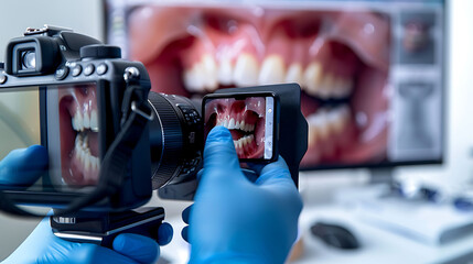 Poster - Dentist using a digital camera to take photos of a patient's mouth