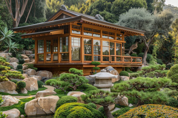 Wall Mural - A Japanese-style garden with rock and bonsai trees, featuring an ancient tea house surrounded by lush greenery