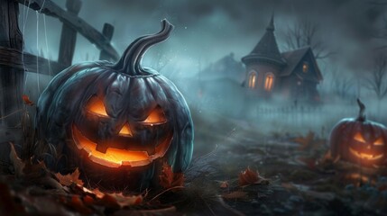 A Halloween scene with two pumpkins and a house