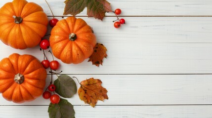 Canvas Print - A table with three orange pumpkins and some leaves