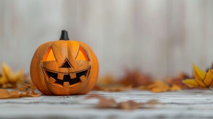 A pumpkin with a smiley face on it is sitting on a table with autumn leaves