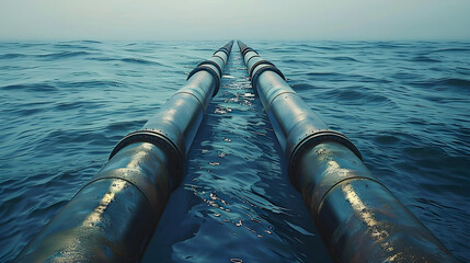 two parallel, large pipes extend across an ocean surface, highlighting industrial infrastructure and