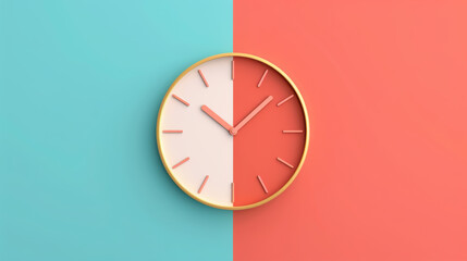 Minimalistic wall clock with gold frame on a contrasting split background of turquoise and coral colors, concept of time and design