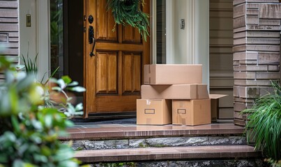 A stack of cardboard boxes is sitting on a porch