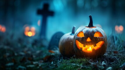 Wall Mural - A pumpkin with a candle inside of it is sitting on the ground next to a cemetery