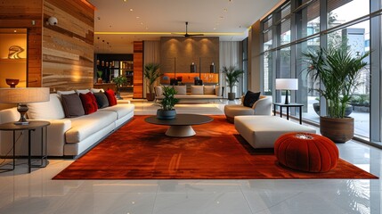 Wall Mural - Modern Interior Design with Orange Rug and White Sofas