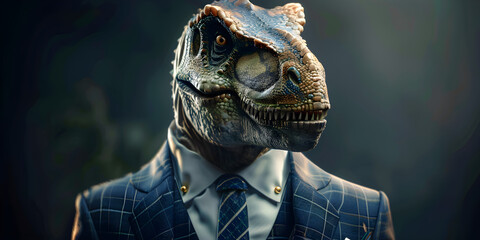 T-Rex wearing a business suit, blending prehistoric and corporate worlds. Ideal for creative marketing, dinosaur-themed events, and quirky promotions.